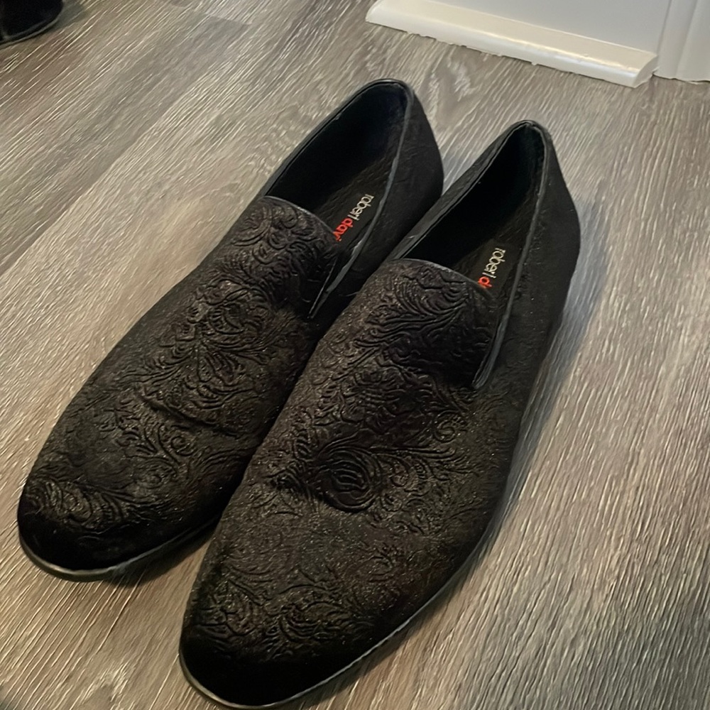 Robert David slip on black loafers with suede print